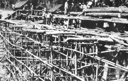 Konkoita, Thailand. 1943. Prisoner of war (POW) labourers building a railway bridge on the Burma-Thailand railway