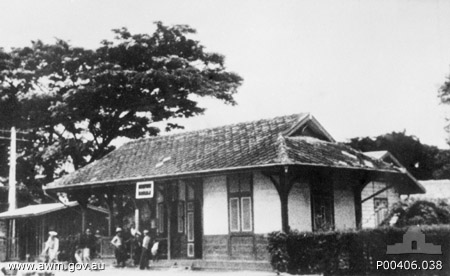 Thanbyuzayat, Burma. c. 1943. Thanbyuzayat Station, the terminal at the Burma end of the Burma-Thailand railway